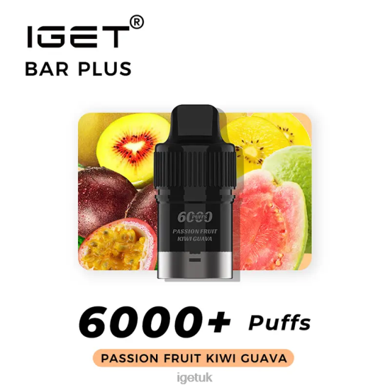 IGET Vape UK Nicotine Free Bar Plus Pod 6000 Puffs Passion Fruit Kiwi Guava R4J2L383